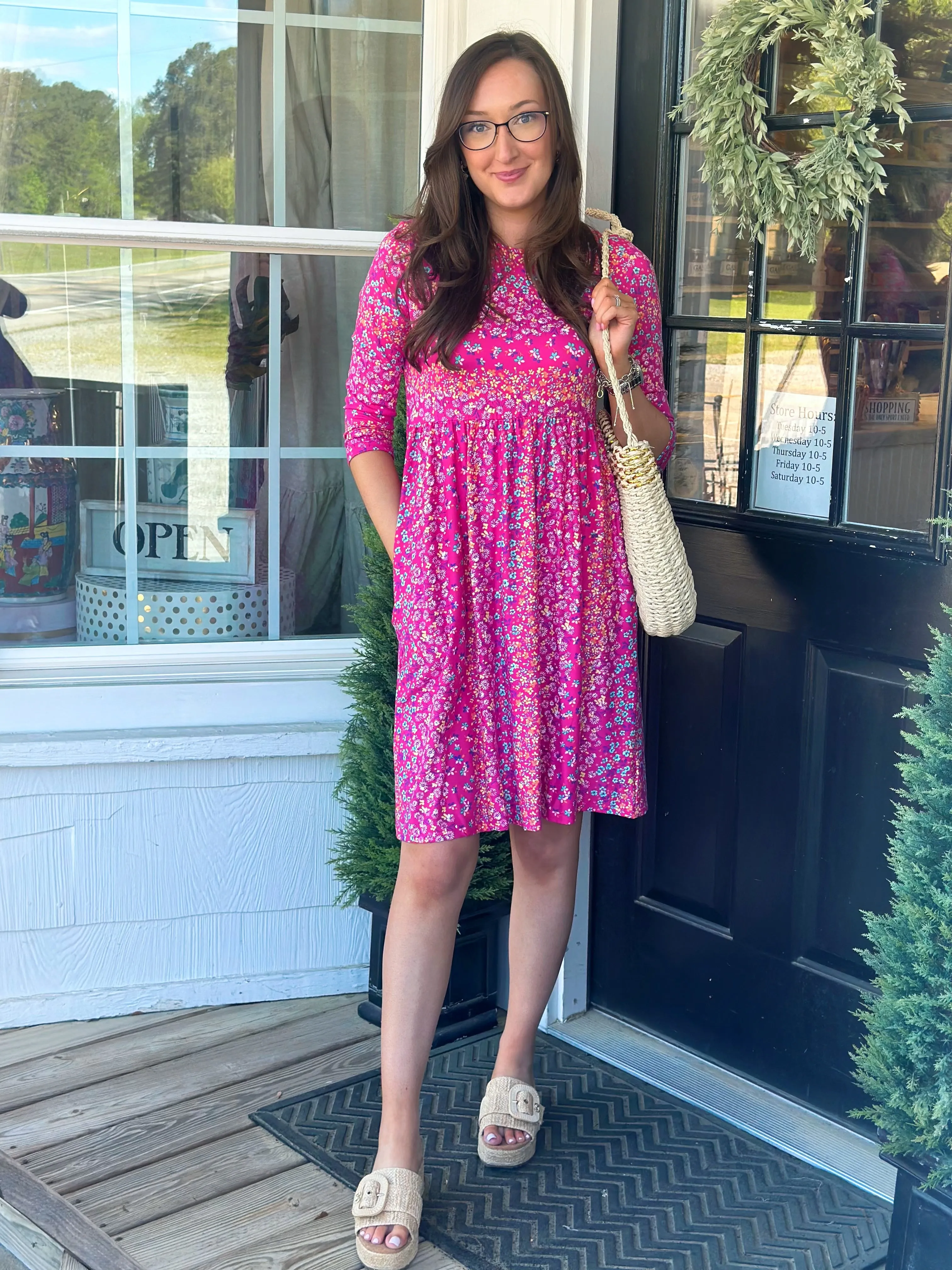 Pink Ditsy Floral Knee Length Dress
