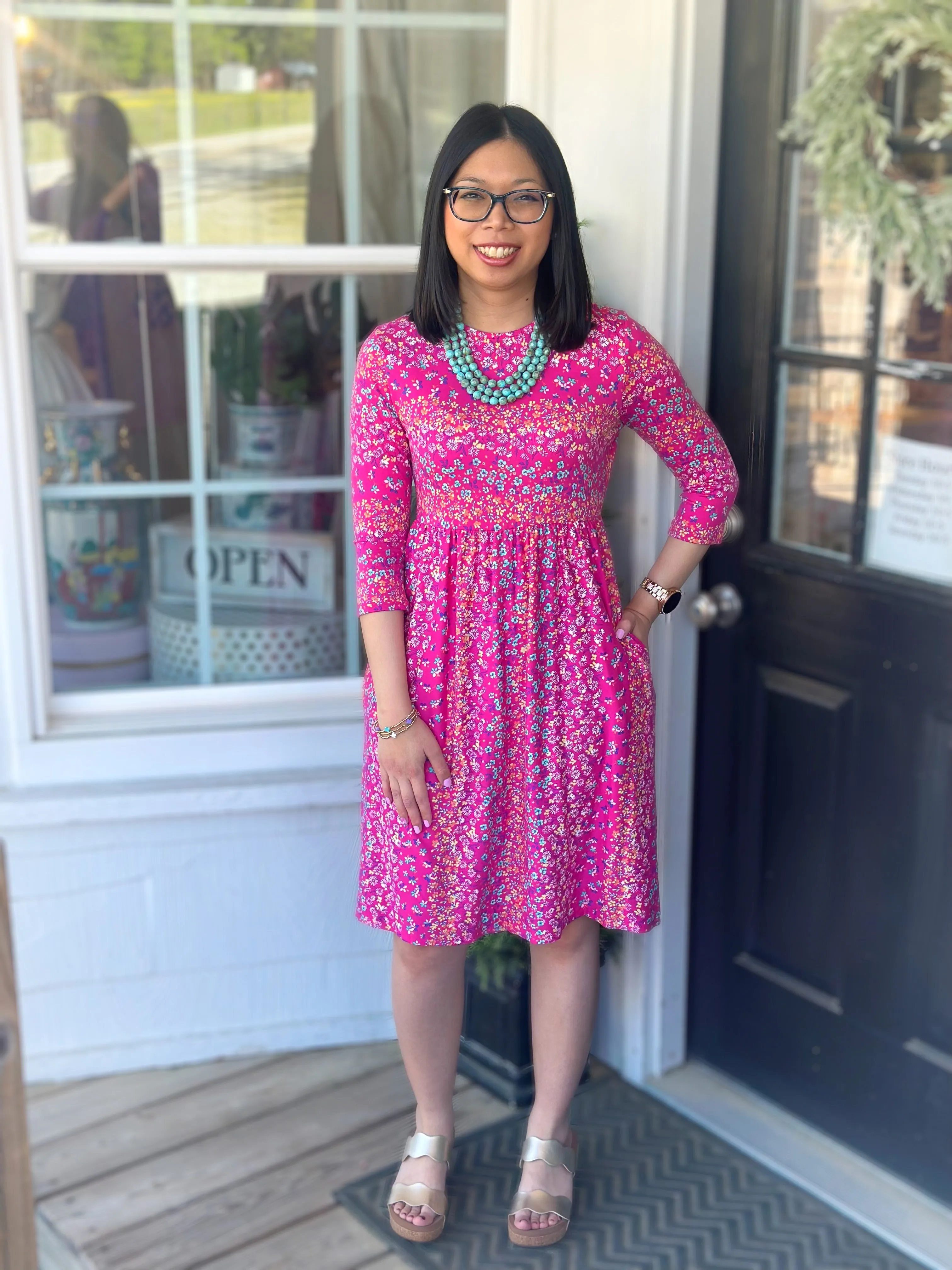 Pink Ditsy Floral Knee Length Dress