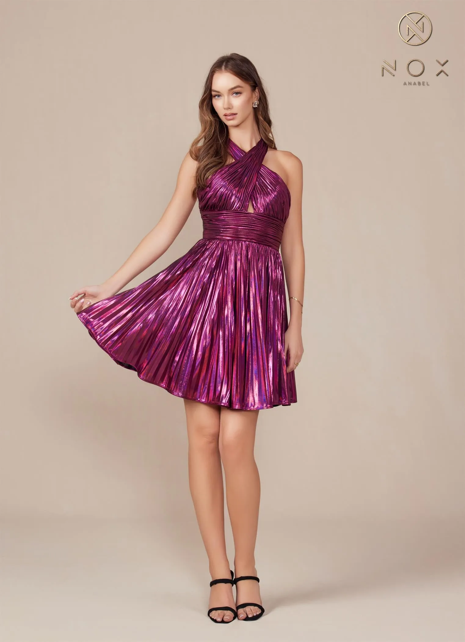 Pleated Short Metallic Halter Dress_K822