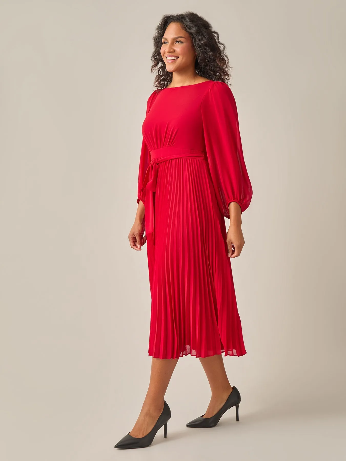 Plus Size A-Line Balloon Sleeve Midi Dress, Crimson