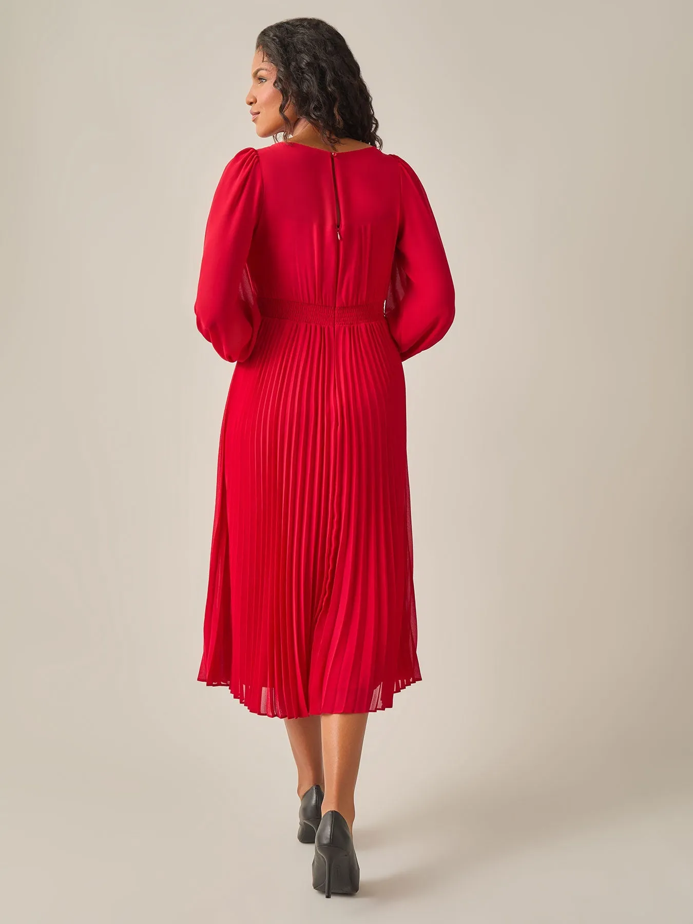 Plus Size A-Line Balloon Sleeve Midi Dress, Crimson