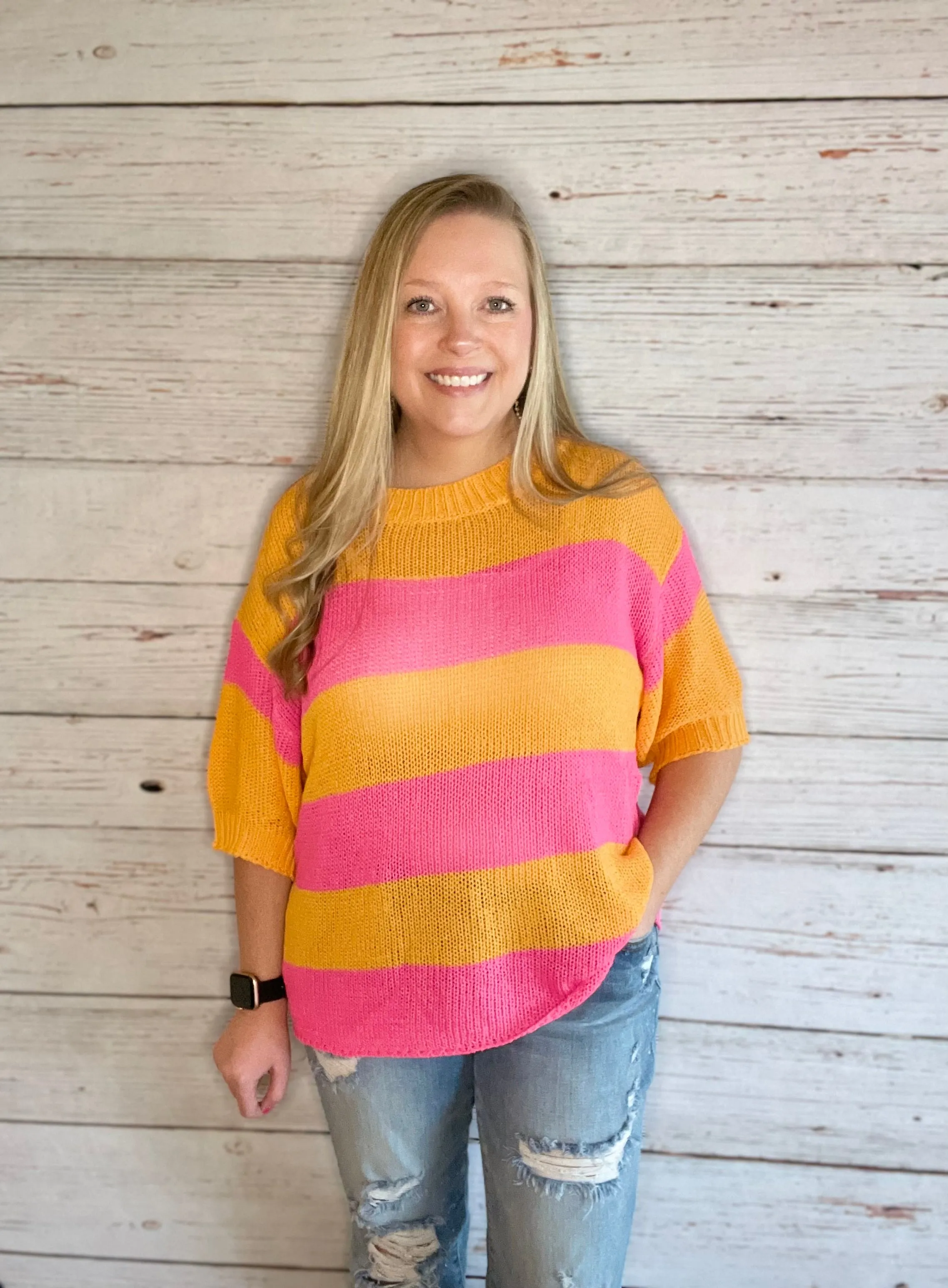 Puff Sleeve Striped Knit Top in Fuchsia/Orange