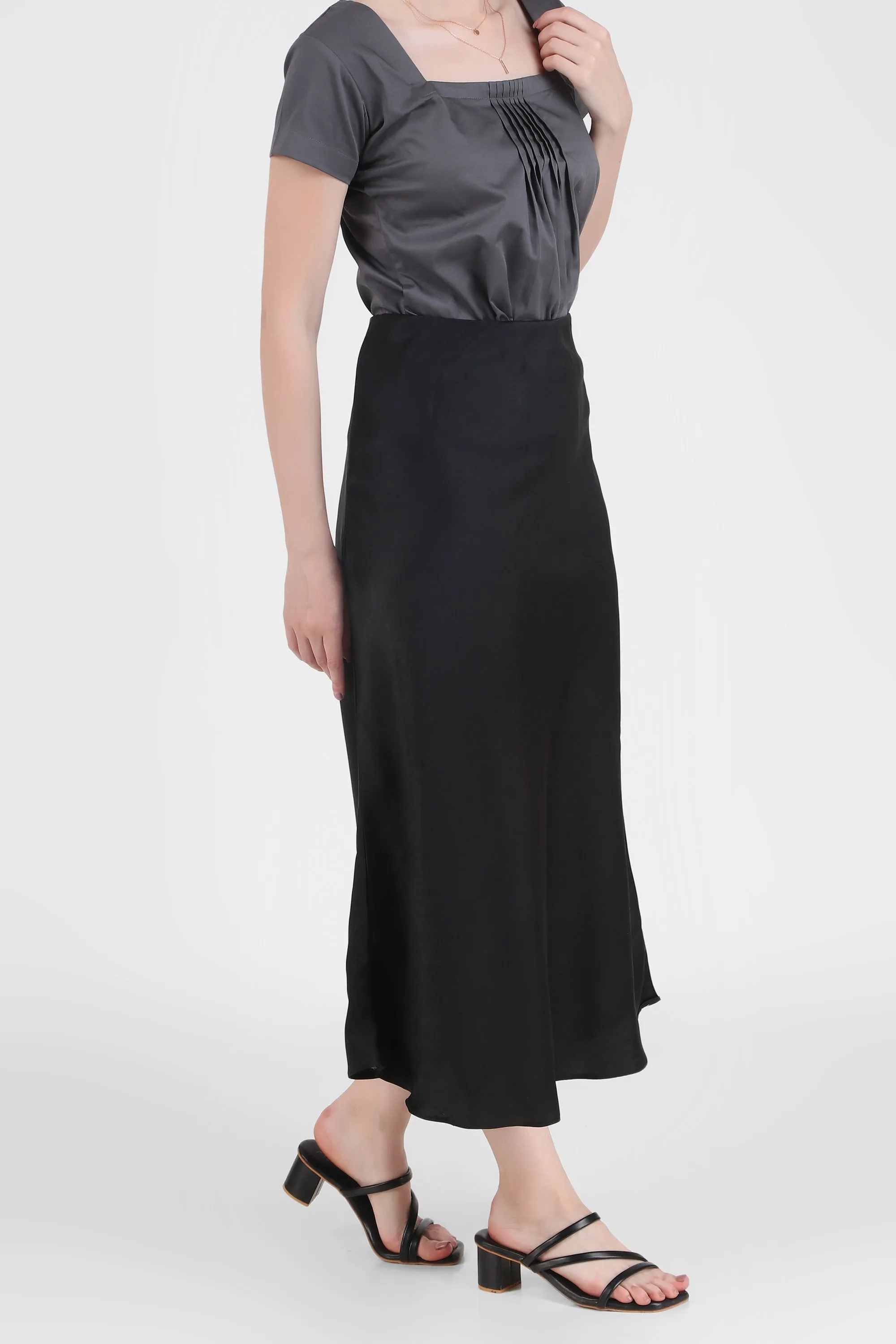 Satin Midi Skirt, Black