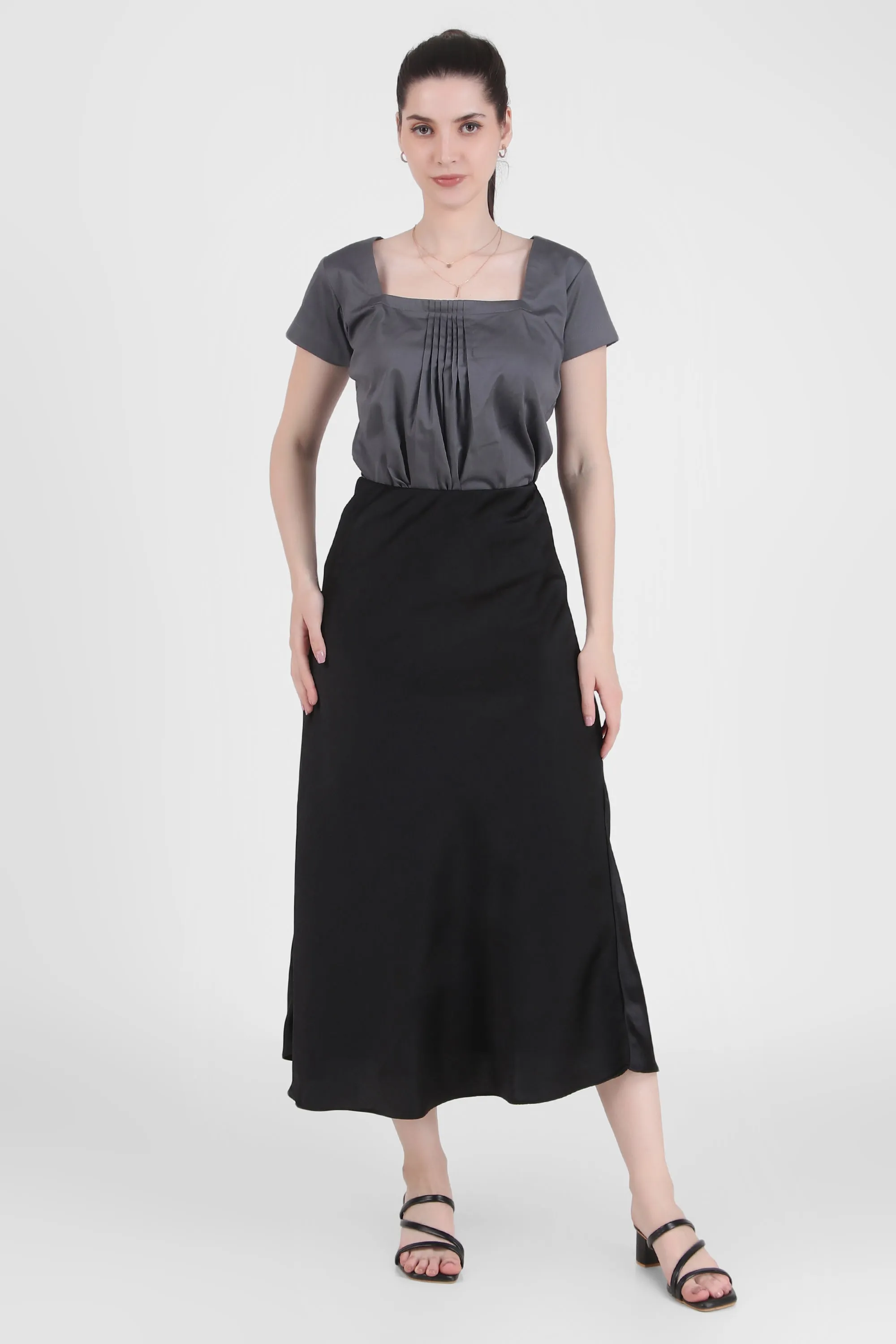 Satin Midi Skirt, Black