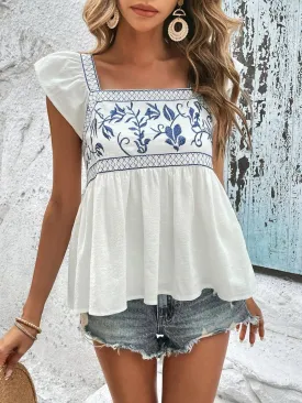Saturday Chic Embroidered Square Neck Babydoll Blouse