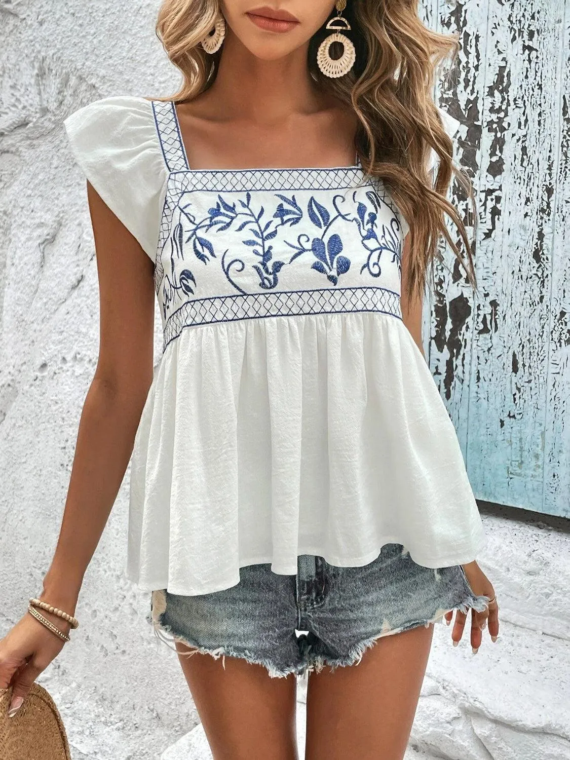 Saturday Chic Embroidered Square Neck Babydoll Blouse