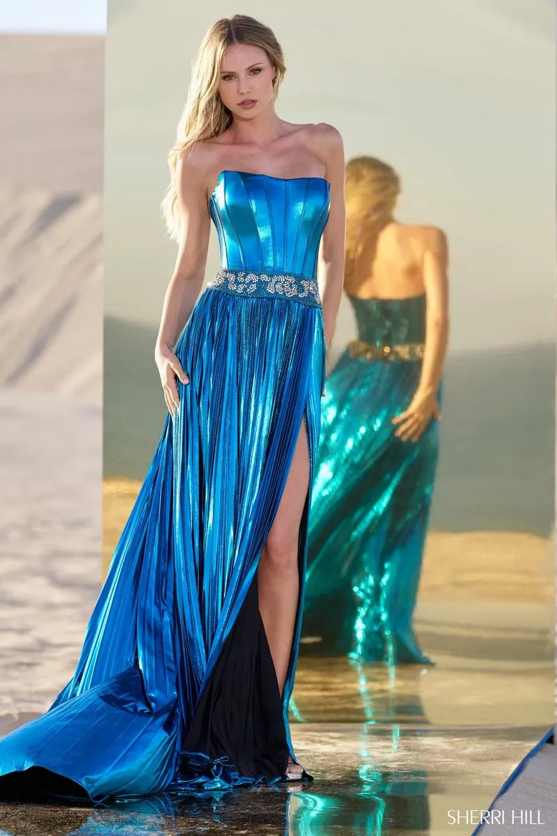 Sherri Hill Metallic Pleated Prom Dress 56522