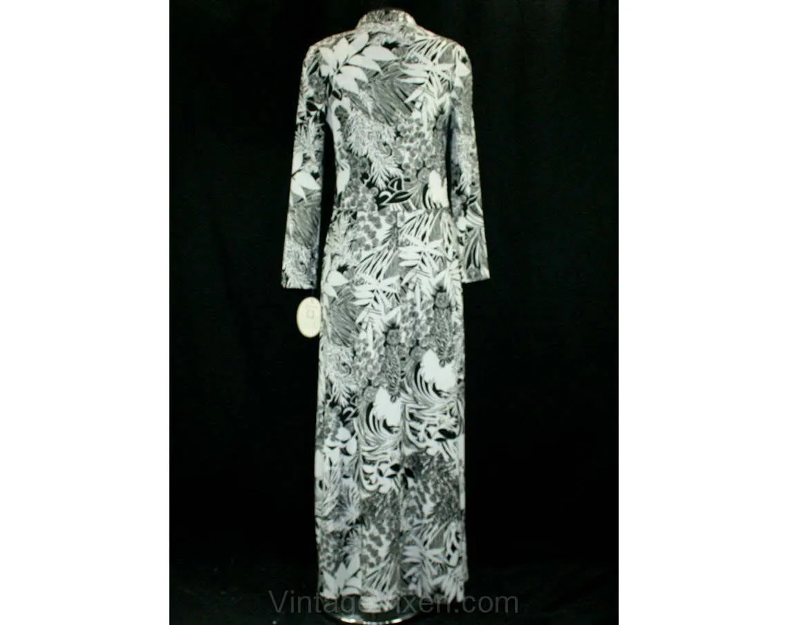 Size 8 1970s Resort Chic Sun Dress & Jacket - Black and White - Tropical Floral Jersey - Monochromatic Maxi Dress - NWT - Bust 35.5 - 41856