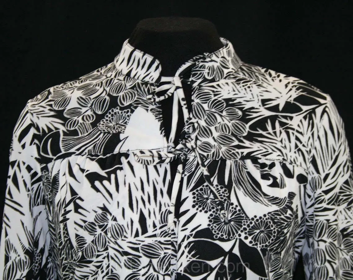 Size 8 1970s Resort Chic Sun Dress & Jacket - Black and White - Tropical Floral Jersey - Monochromatic Maxi Dress - NWT - Bust 35.5 - 41856