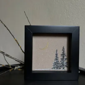 Snowy Tree 10 - Double Tree with Gold Crescent Moon on Tan Toned Paper - 4"x4"