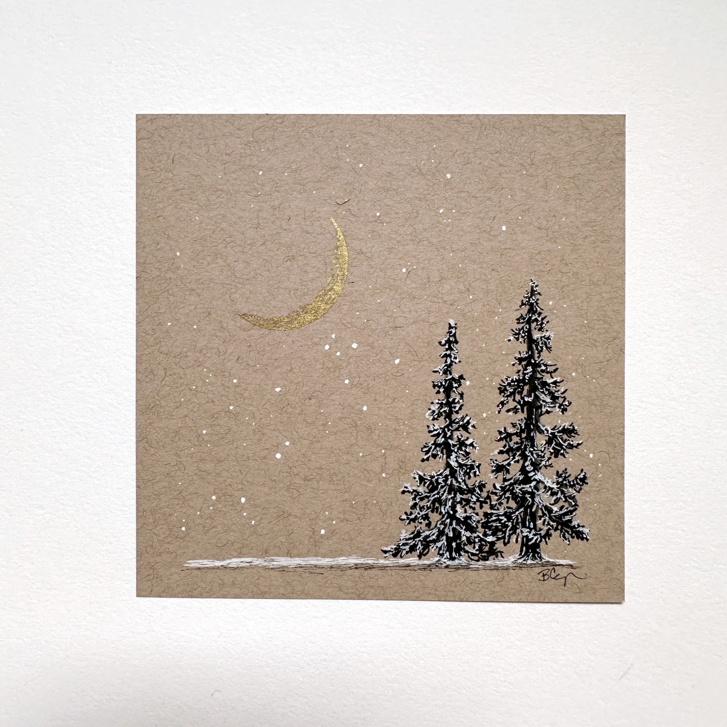 Snowy Tree 10 - Double Tree with Gold Crescent Moon on Tan Toned Paper - 4"x4"