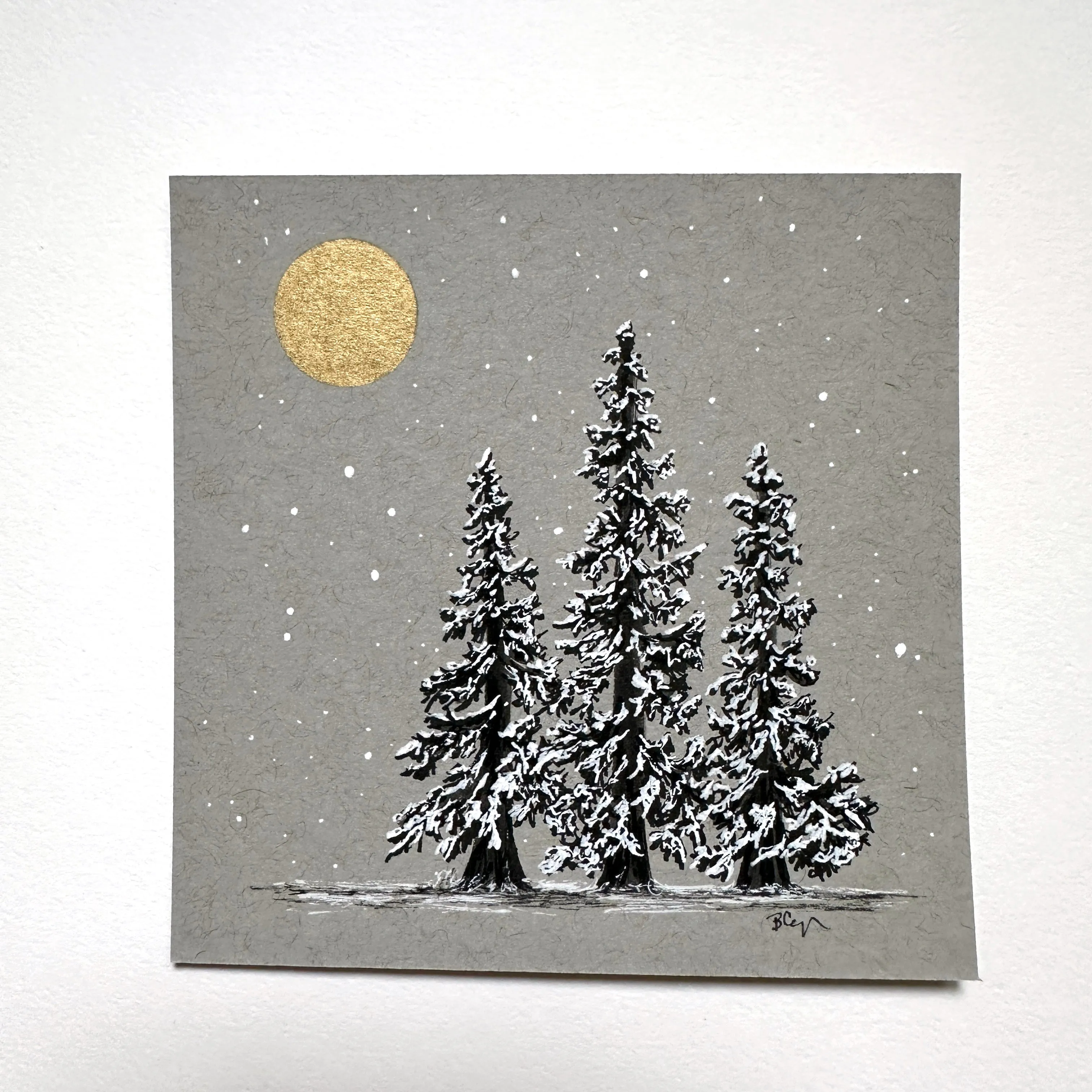 Snowy Tree 14 - Triple Trees and Gold Moon on Gray Toned Paper 4"x4"