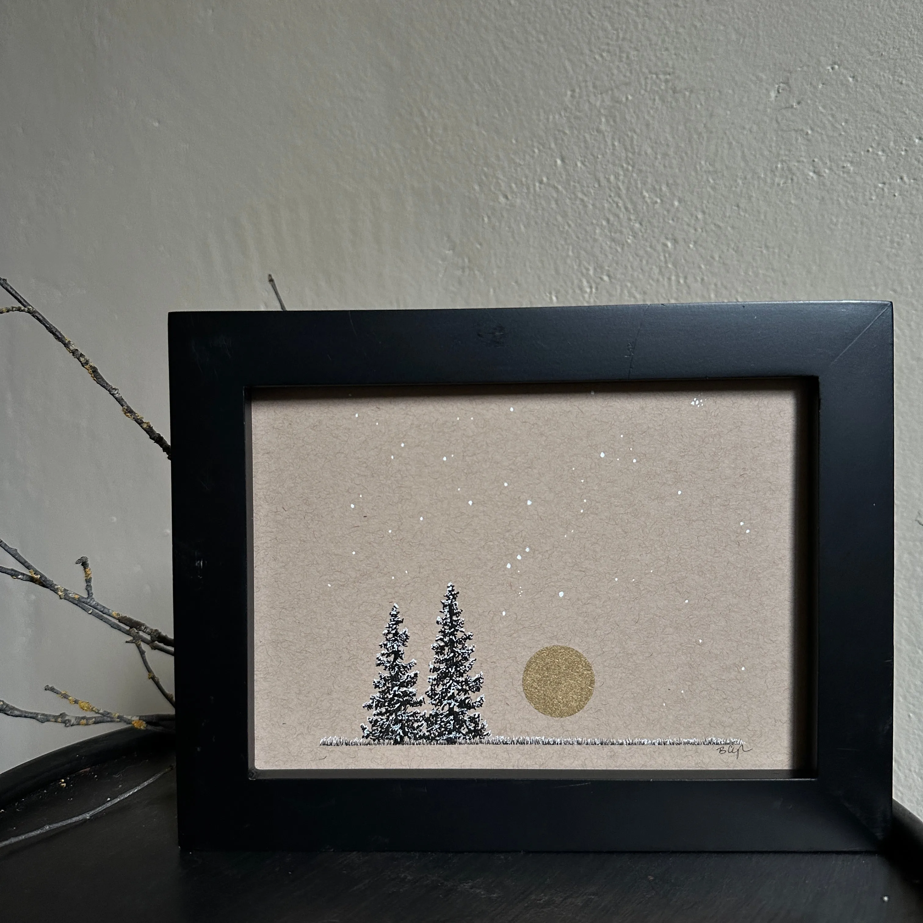 Snowy Tree 21 - Orion, Taurus and Pleiades with Gold Moon and Two Trees on Tan Toned Paper -5"x7"