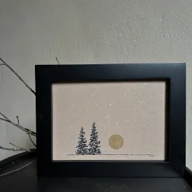 Snowy Tree 21 - Orion, Taurus and Pleiades with Gold Moon and Two Trees on Tan Toned Paper -5"x7"