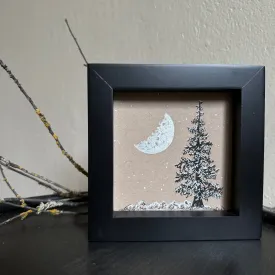 Snowy Tree 8 - Crescent Moon with Single Tree and Mountains on Tan Toned Paper - 4"x4"