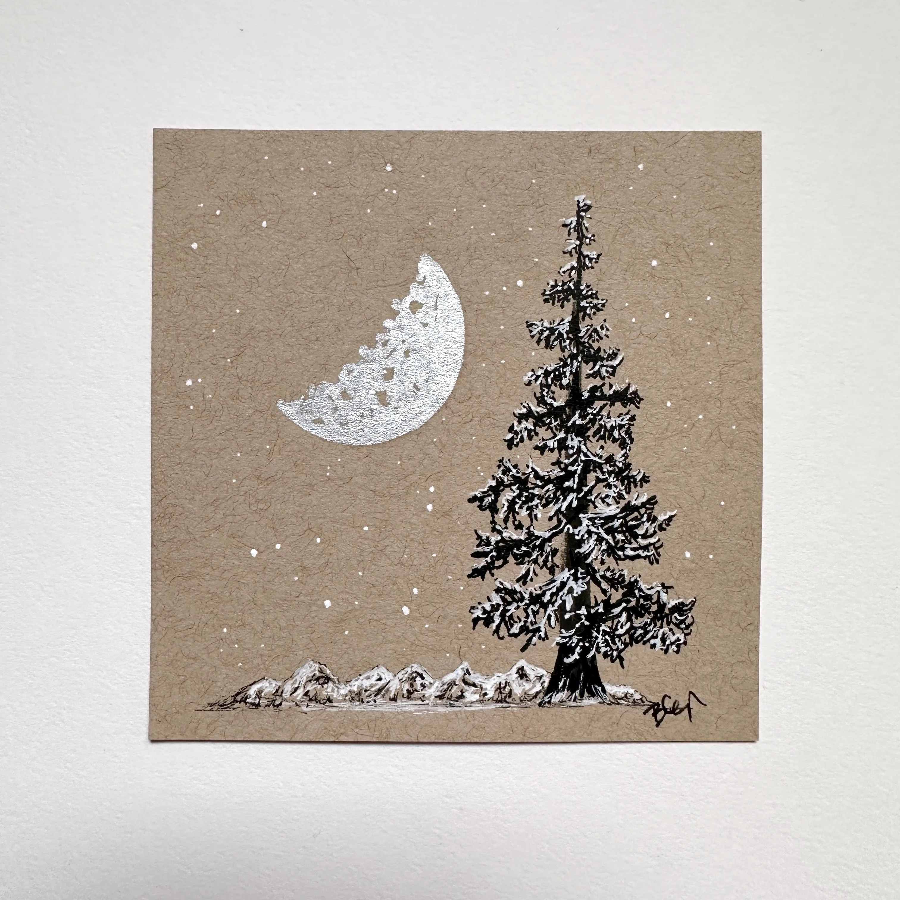 Snowy Tree 8 - Crescent Moon with Single Tree and Mountains on Tan Toned Paper - 4"x4"