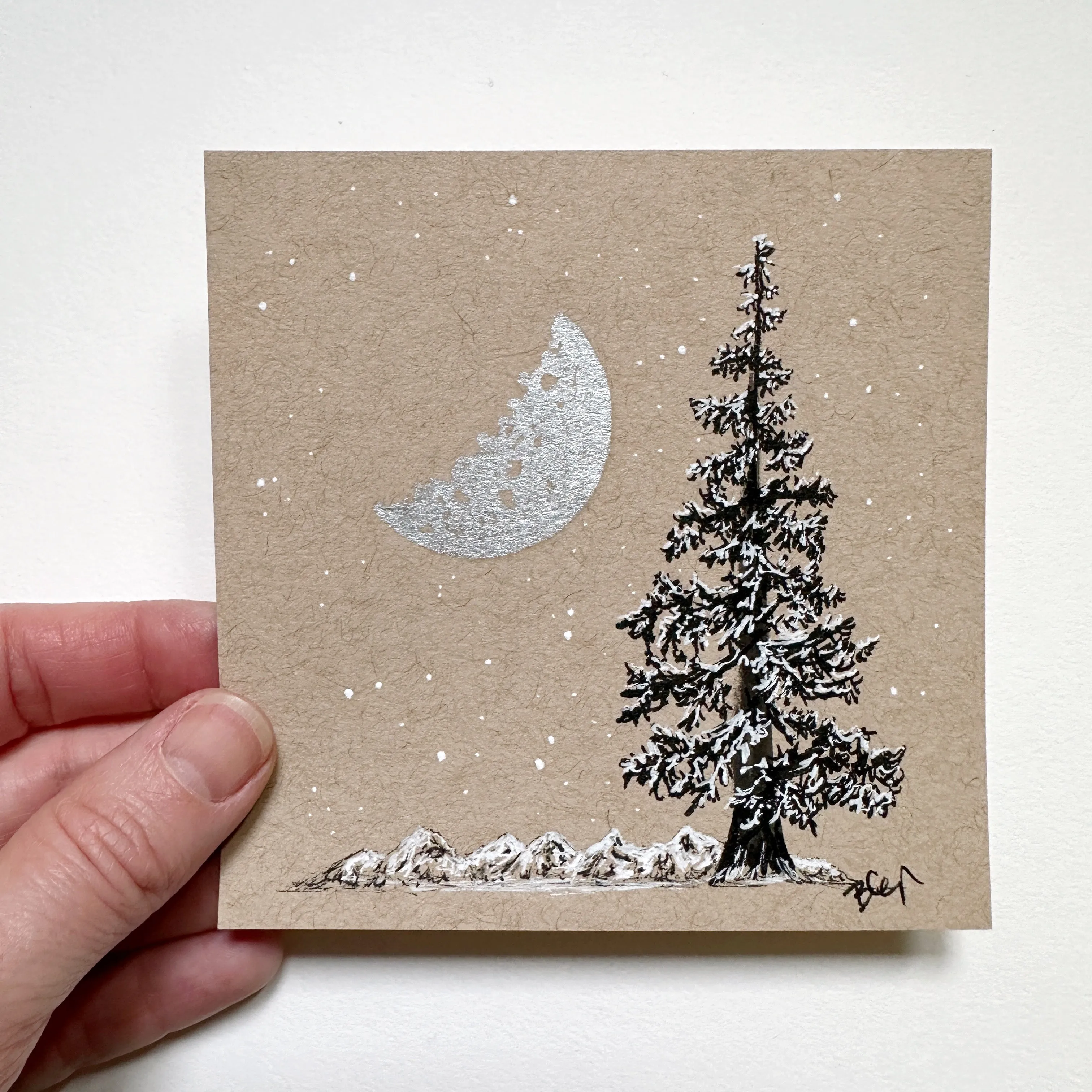 Snowy Tree 8 - Crescent Moon with Single Tree and Mountains on Tan Toned Paper - 4"x4"