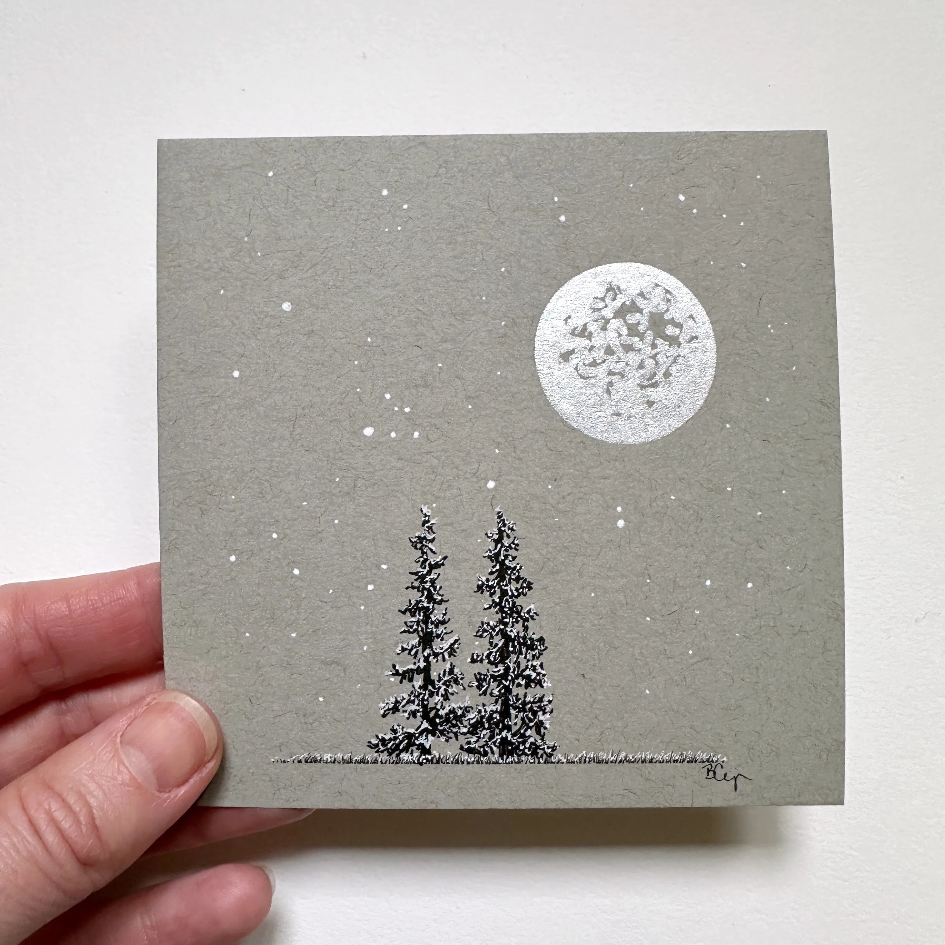 Snowy Tree 9 - Double Tree with Big Silver Moon on Gray Toned Paper - 4"x4"