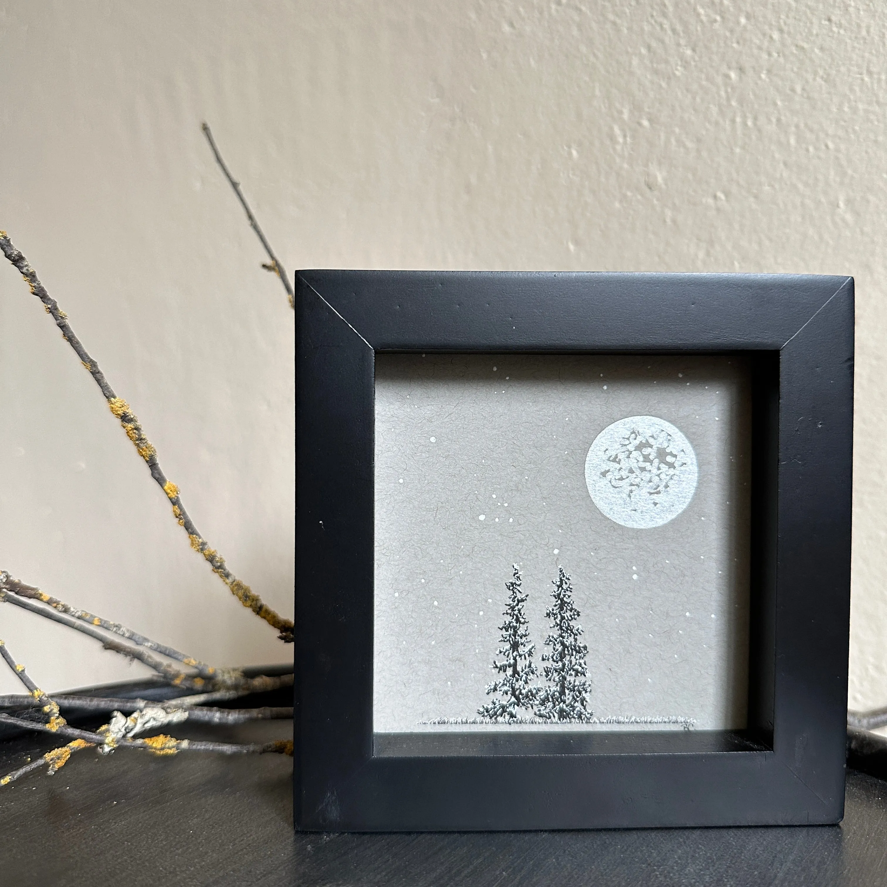 Snowy Tree 9 - Double Tree with Big Silver Moon on Gray Toned Paper - 4"x4"