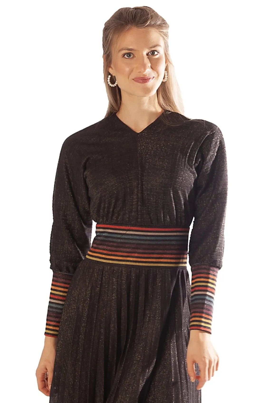 Striped Waist   Cuff Knit Pleated Dress