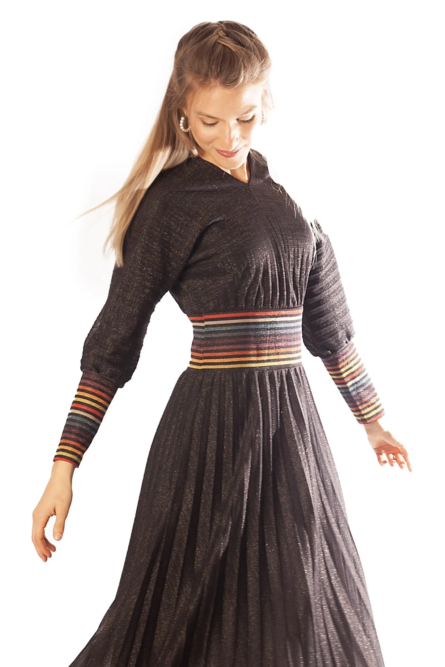 Striped Waist   Cuff Knit Pleated Dress
