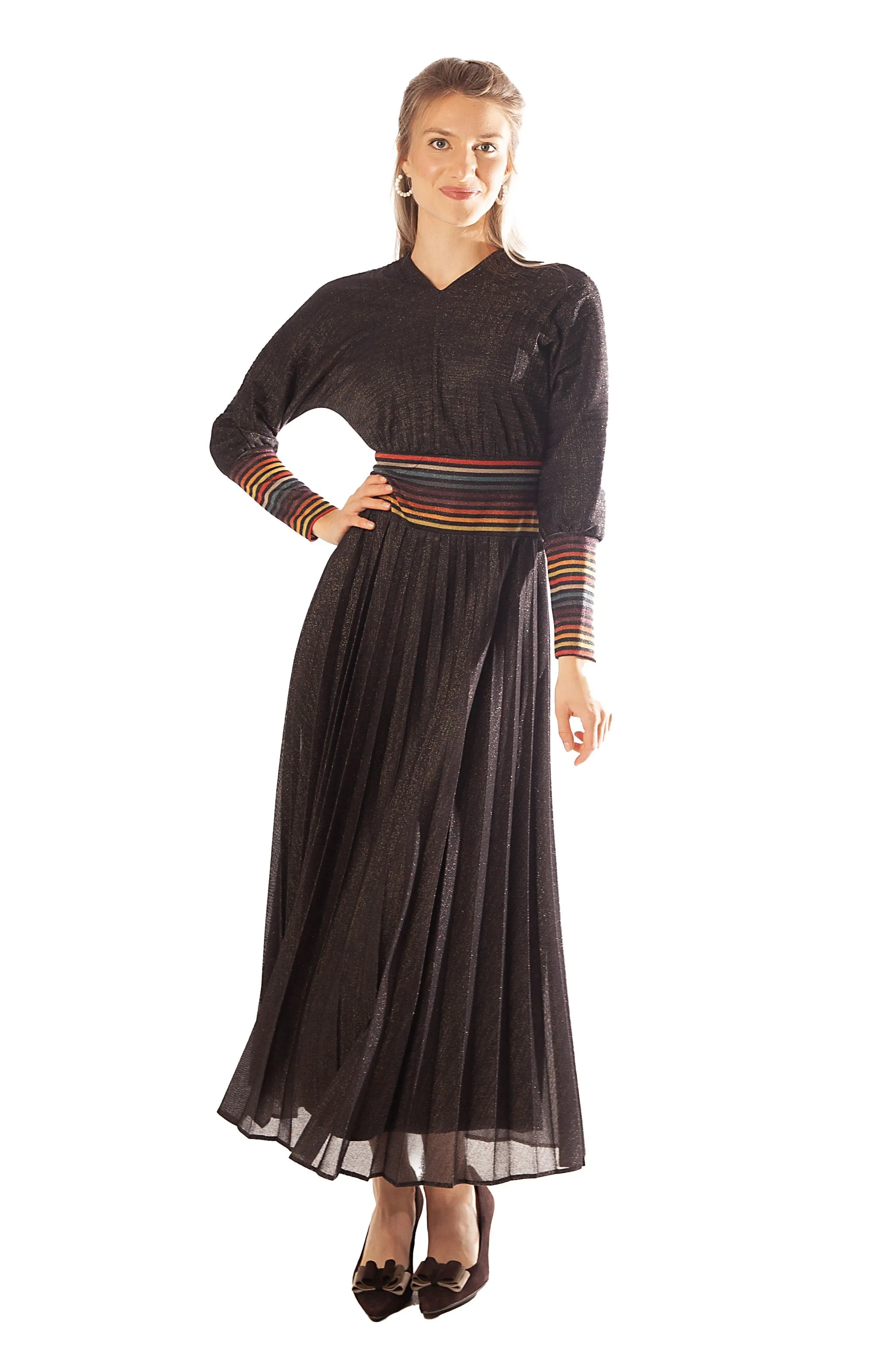 Striped Waist   Cuff Knit Pleated Dress