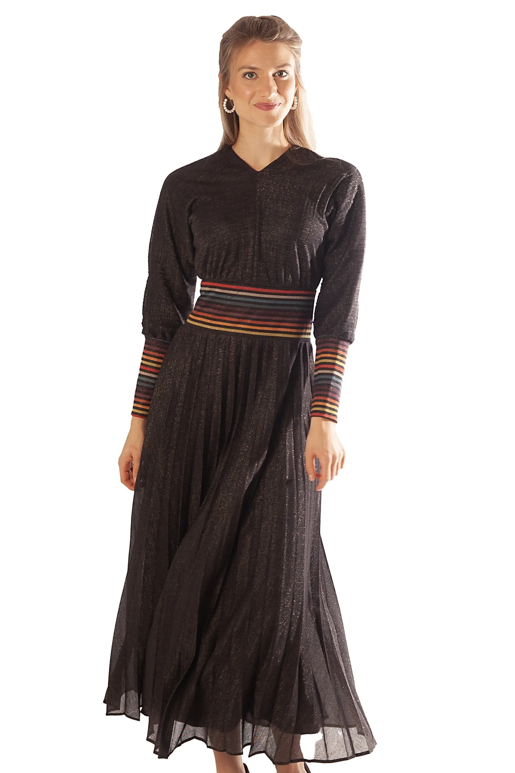 Striped Waist   Cuff Knit Pleated Dress