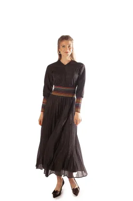 Striped Waist   Cuff Knit Pleated Dress