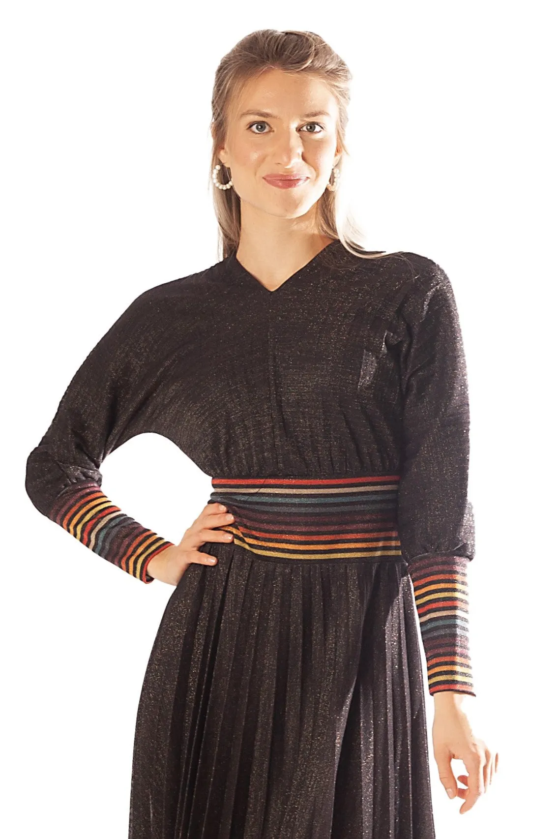 Striped Waist   Cuff Knit Pleated Dress