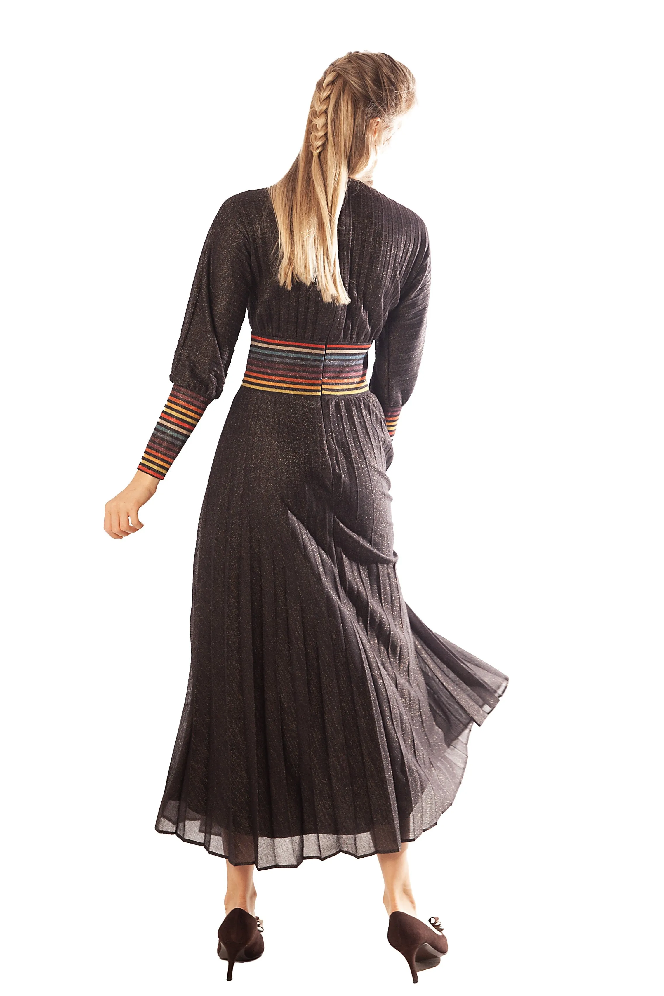 Striped Waist   Cuff Knit Pleated Dress
