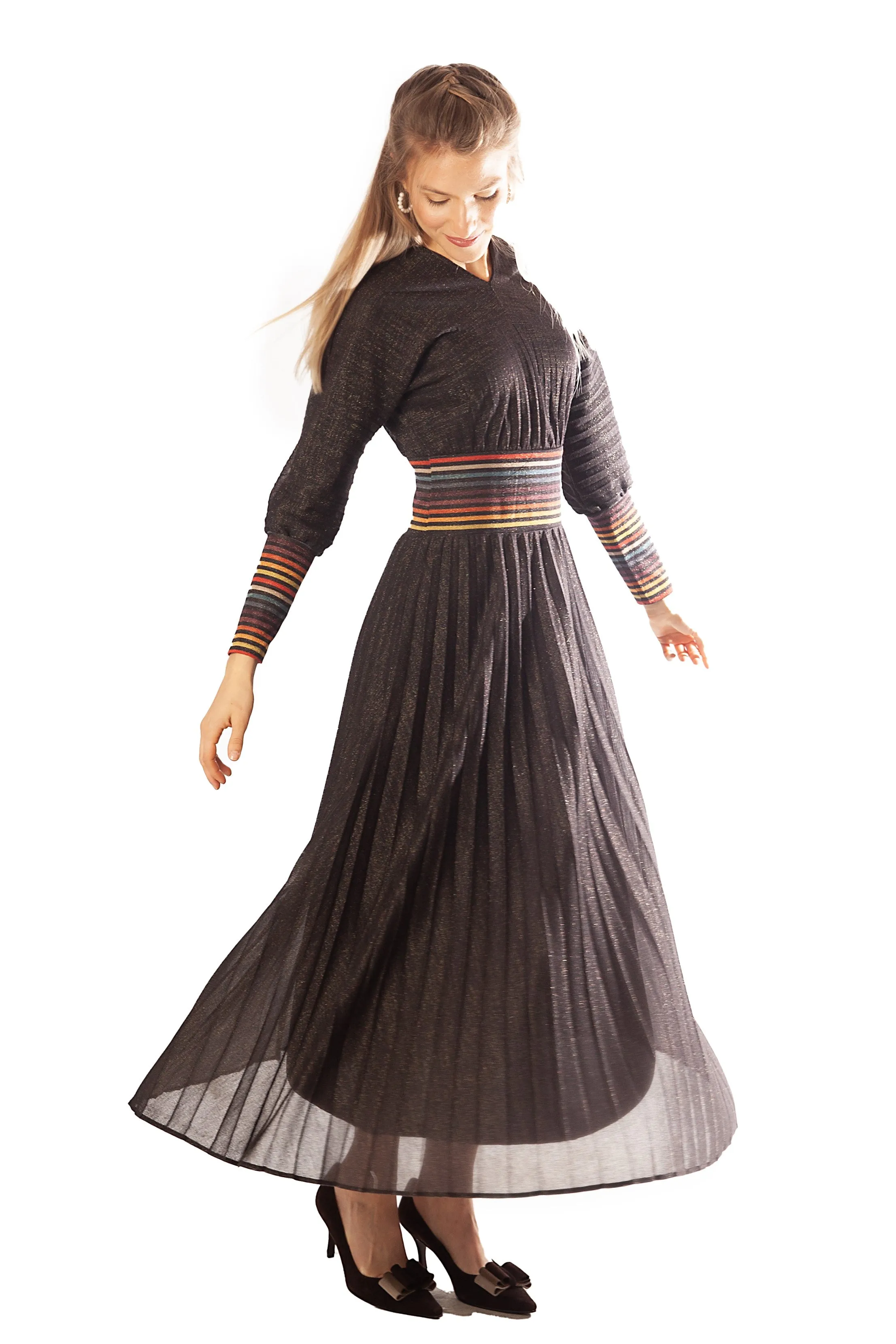 Striped Waist   Cuff Knit Pleated Dress