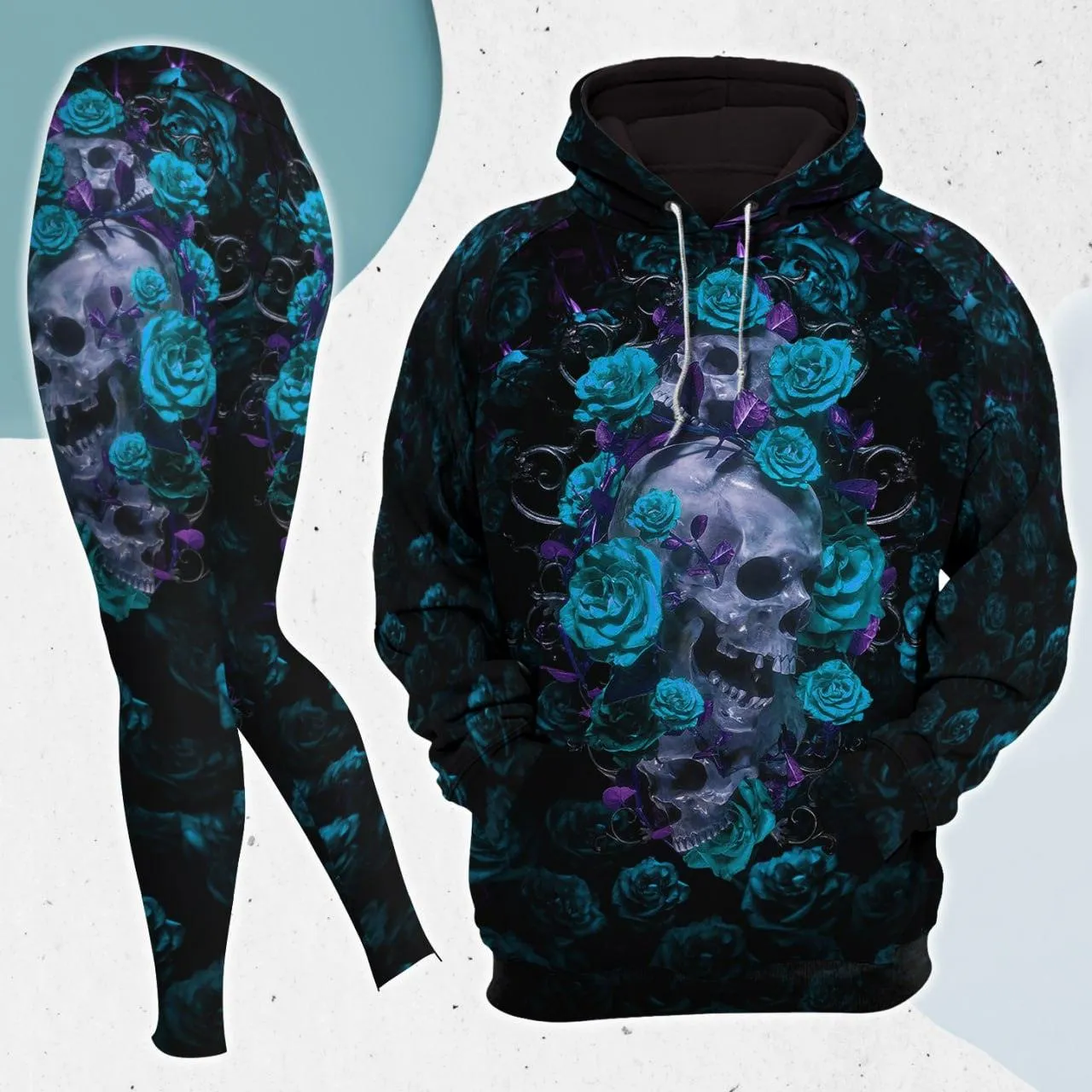 Turquoise Rose Skull Gothic Artwork Combo Hoodie and Leggings