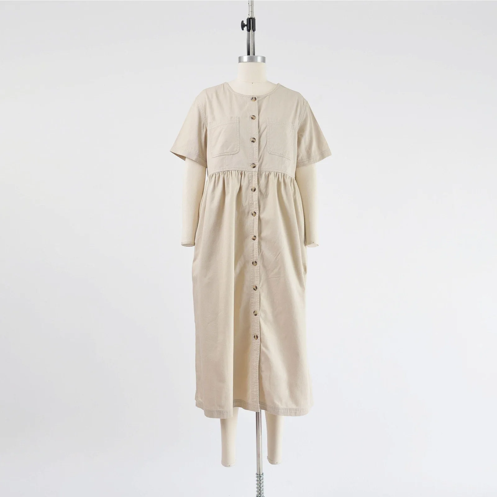 Vintage 90s Khaki Cotton Short Sleeve Button Front Midi Dress with Pockets M L