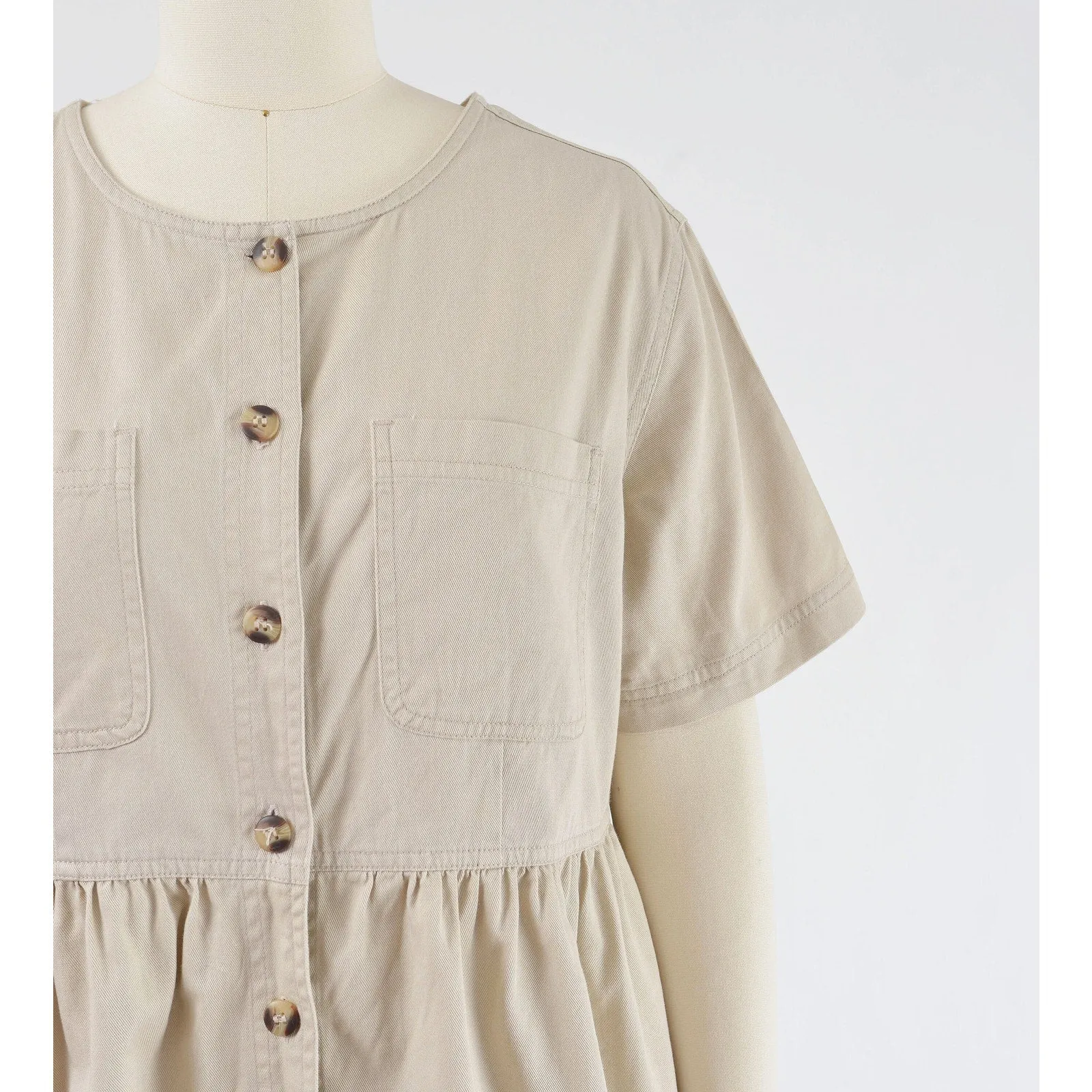 Vintage 90s Khaki Cotton Short Sleeve Button Front Midi Dress with Pockets M L