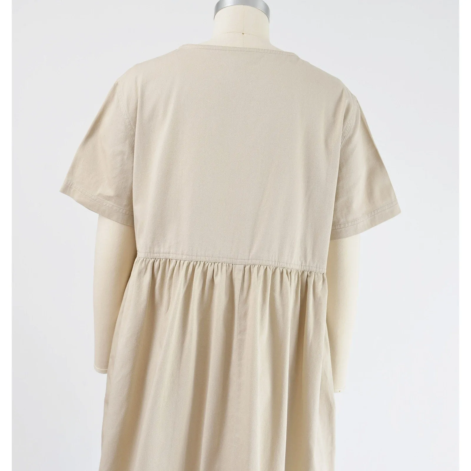 Vintage 90s Khaki Cotton Short Sleeve Button Front Midi Dress with Pockets M L