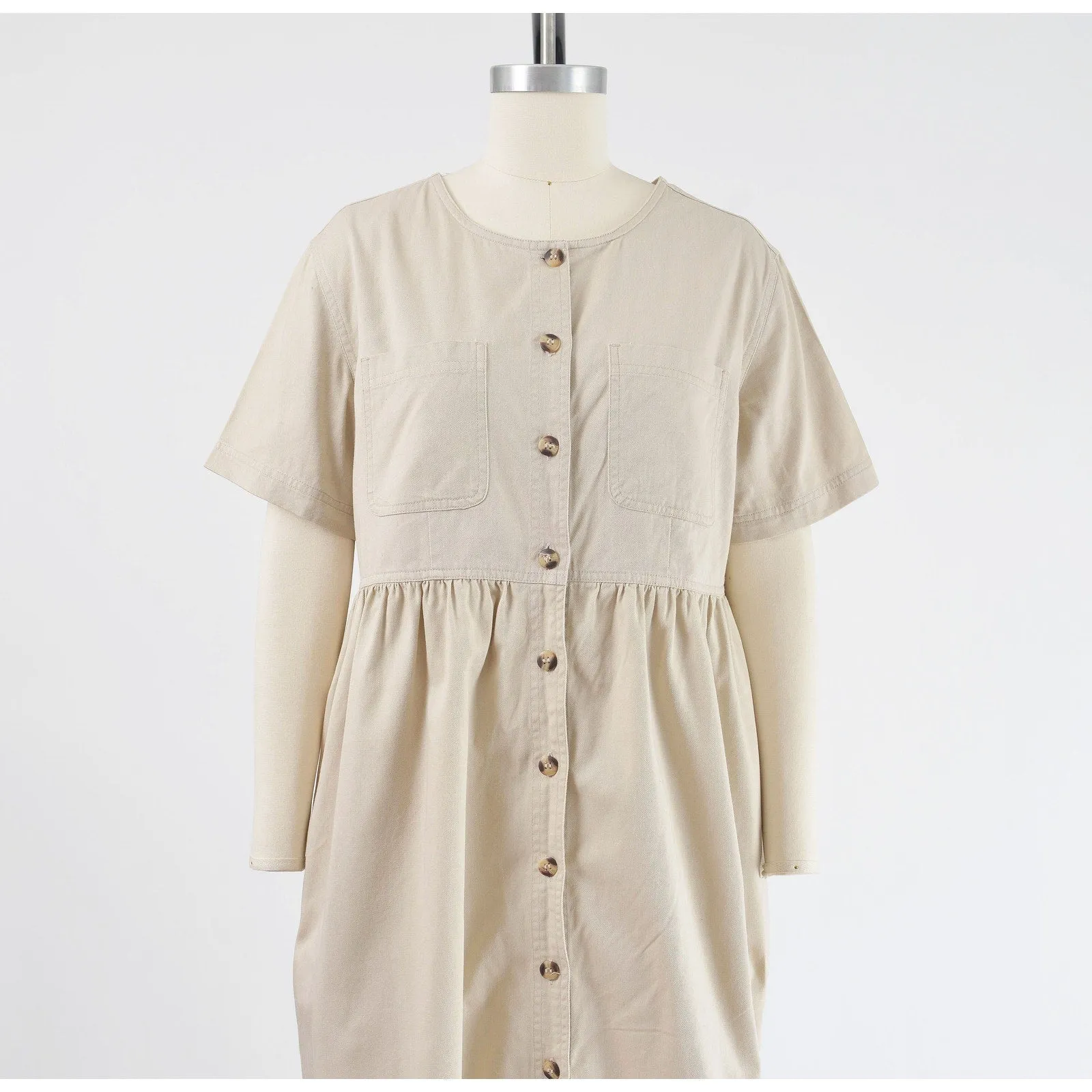 Vintage 90s Khaki Cotton Short Sleeve Button Front Midi Dress with Pockets M L