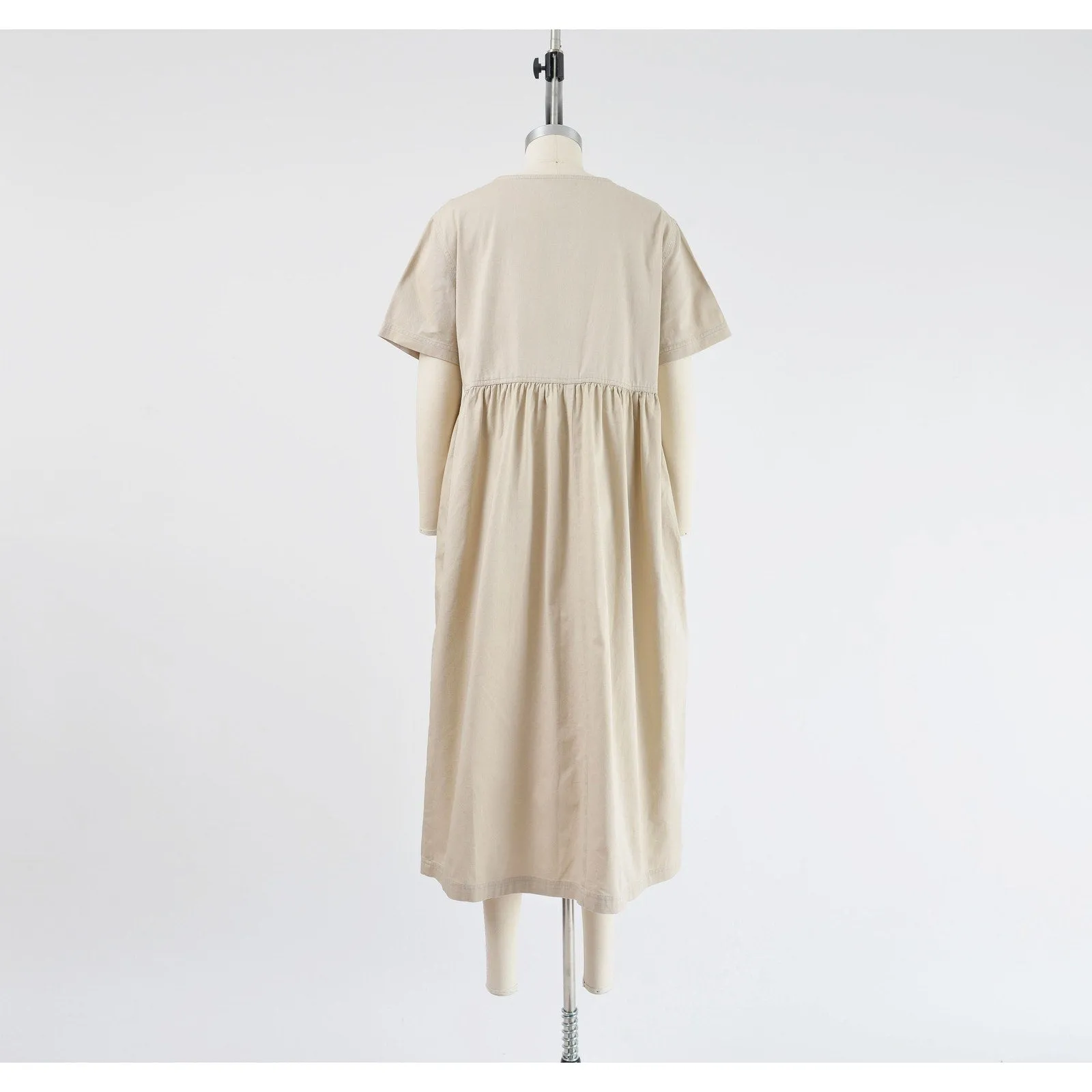 Vintage 90s Khaki Cotton Short Sleeve Button Front Midi Dress with Pockets M L
