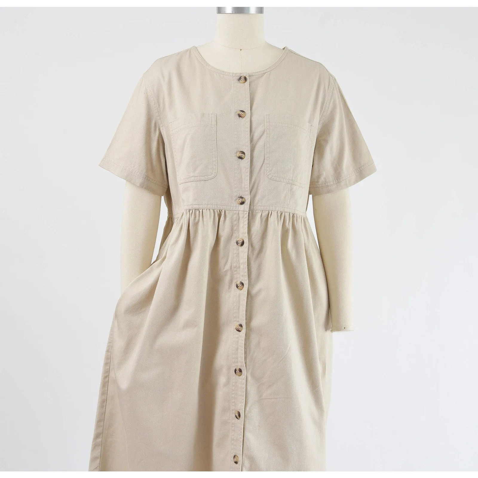 Vintage 90s Khaki Cotton Short Sleeve Button Front Midi Dress with Pockets M L