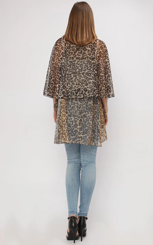 VP9691 Metallic Pleated Leopard  Multi Shawl Vest