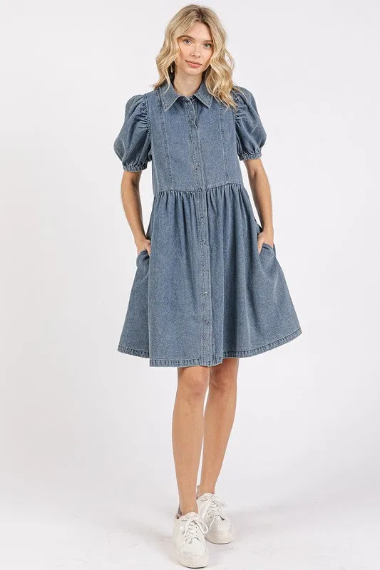 Washed Denim Puff Sleeve Dress