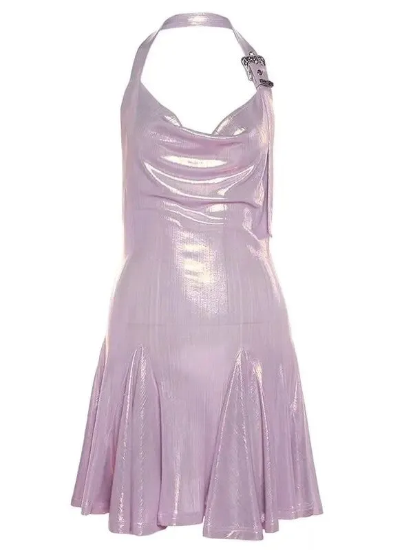 Wenkouban-Christmas Thanksgiving Gift New Year's Eve Dress party look inspos back to school dress  Metallic Cowl Halter Neck Pleated Mini Dress