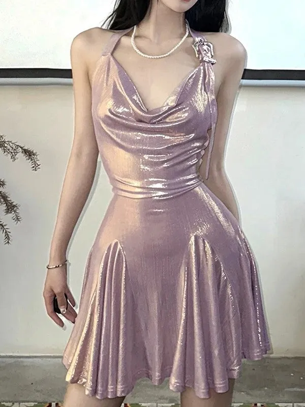 Wenkouban-Christmas Thanksgiving Gift New Year's Eve Dress party look inspos back to school dress  Metallic Cowl Halter Neck Pleated Mini Dress