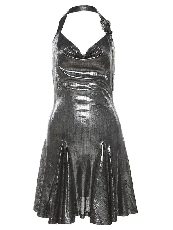 Wenkouban-Christmas Thanksgiving Gift New Year's Eve Dress party look inspos back to school dress  Metallic Cowl Halter Neck Pleated Mini Dress
