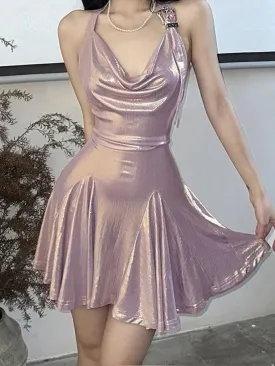 Wenkouban-Christmas Thanksgiving Gift New Year's Eve Dress party look inspos back to school dress  Metallic Cowl Halter Neck Pleated Mini Dress