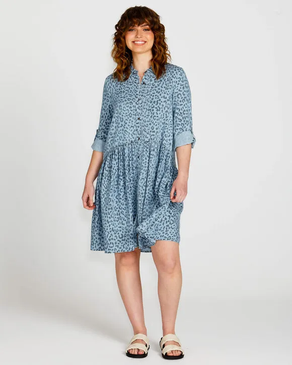 Zahlia Shirt Dress - Denim Cheetah